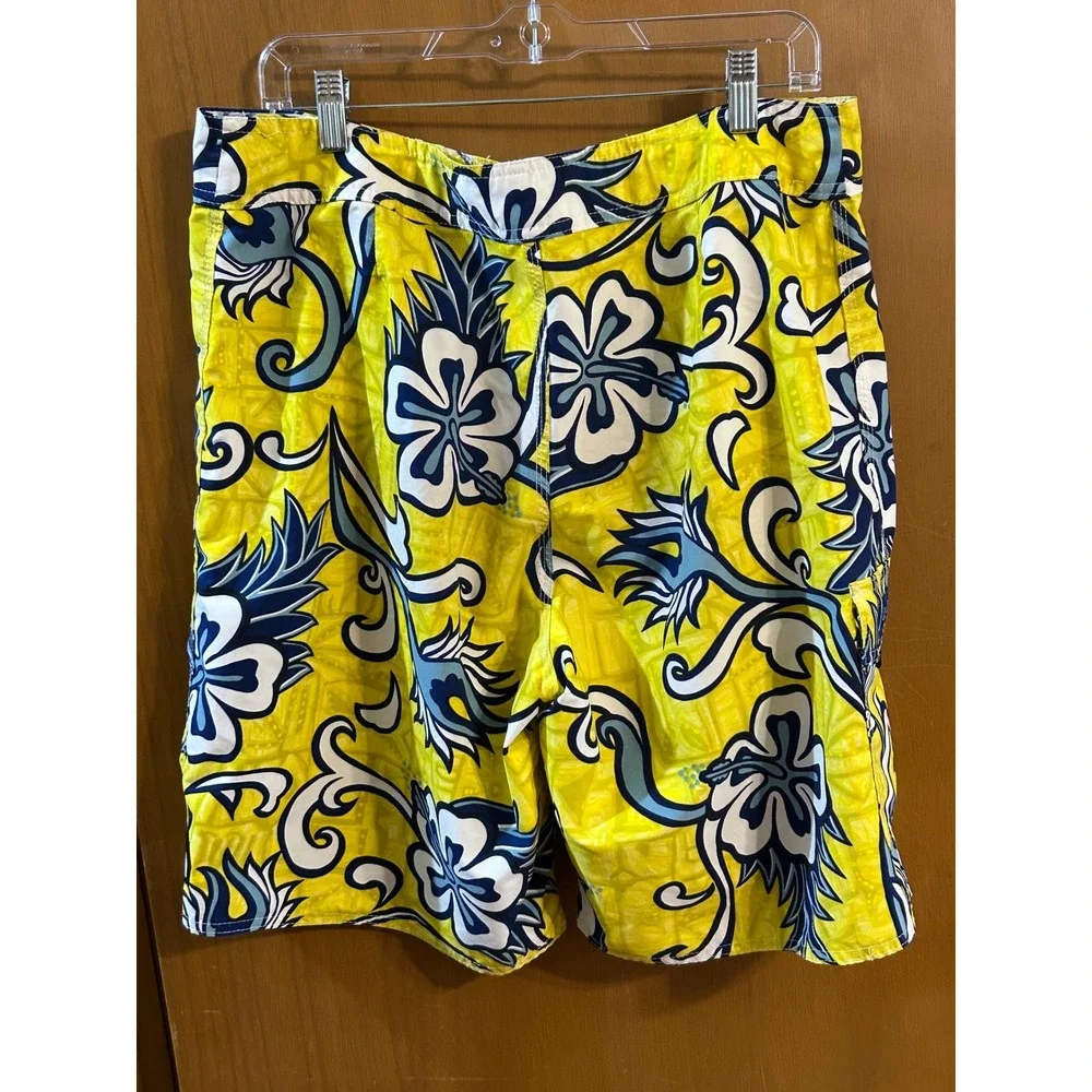 Quiksilver Board Shorts Mens 34‎ Yellow Floral Swim Trunks Surf Beach